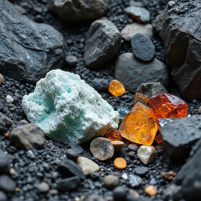 Mineral samples on dark coal
