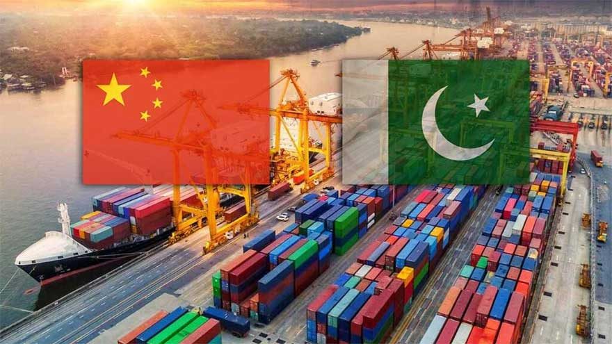 China and Pakistan flags over a busy container port