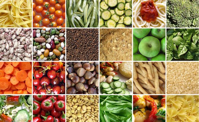 Grid of fresh vegetables, grains and pulses