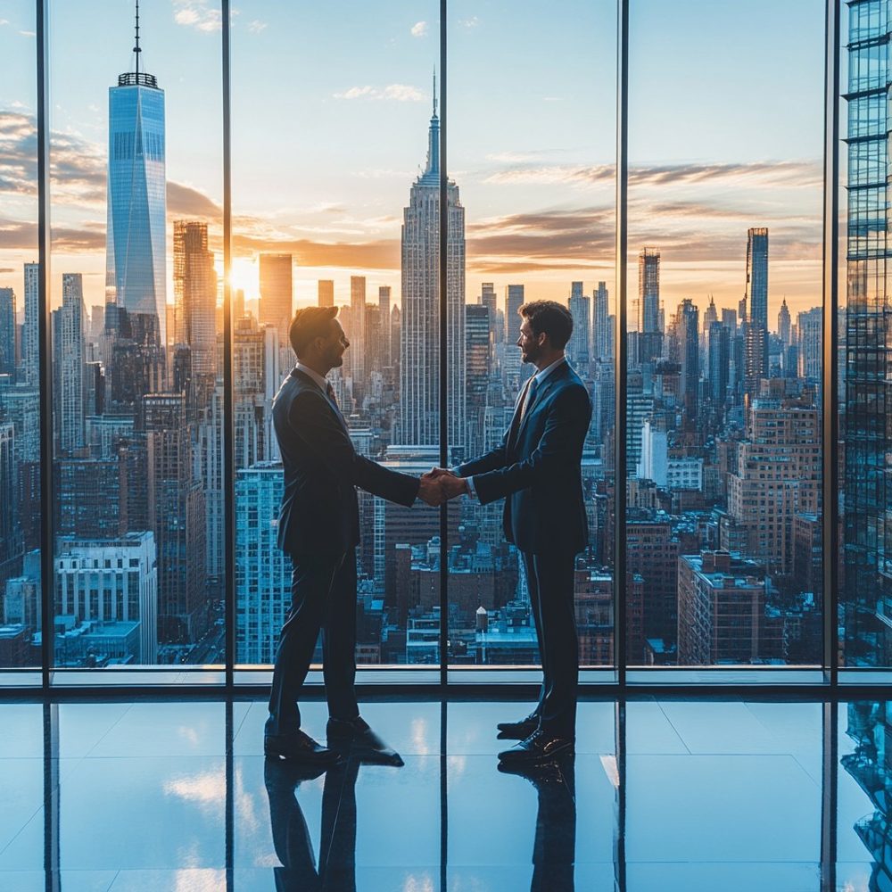 Two business leaders shaking hands in a high-rise office overlooking a city skyline